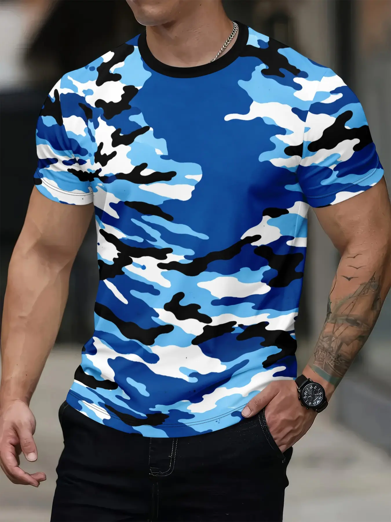 Blue Camouflage Color-Block Print Fitted Long T-Shirt - Trendy Nautical Streetwear Casual Men's Tee