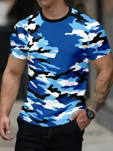 Blue Camouflage Color-Block Print Fitted Long T-Shirt - Trendy Nautical Streetwear Men's Tee