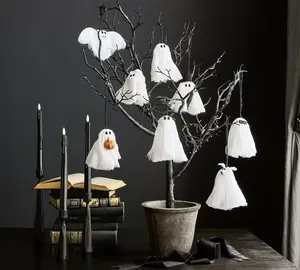 Ghost Ornaments - Set of 8, Light-Up Halloween Decorations, Soft Polyester & Sturdy Plastic, Battery Operated, Spooky & Cozy, Perfect for Mantel, Window, or Party Table