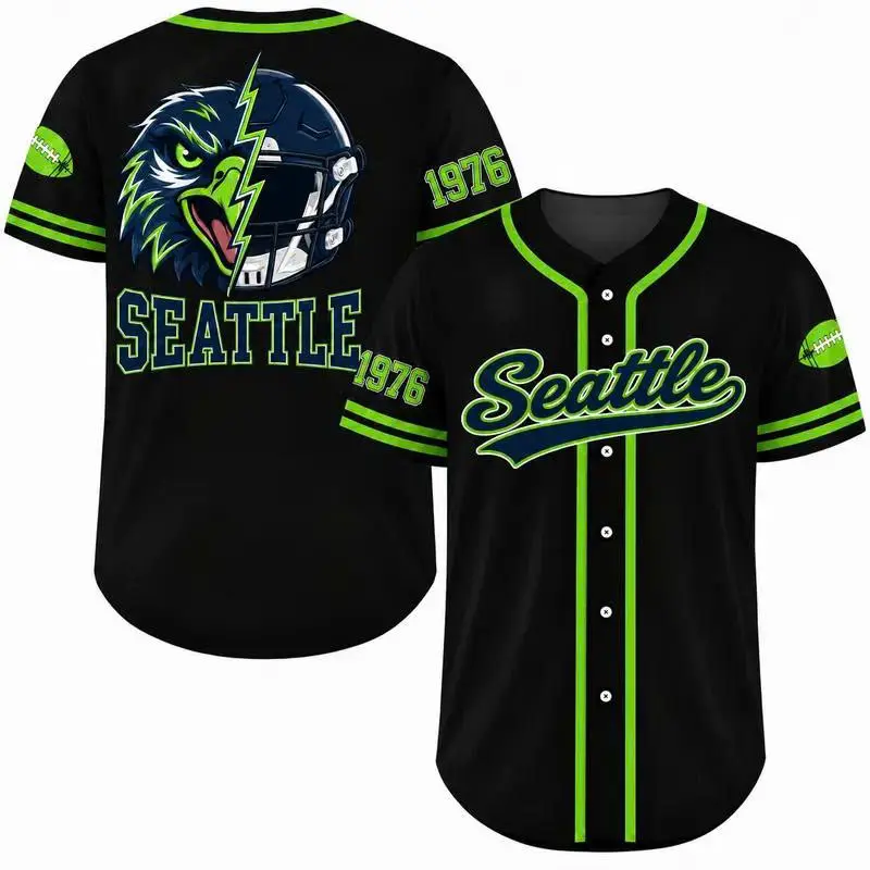 Seattle Football Baseball Jersey, Emerald Green Button Up Sports Shirt, Vintage Fan Game Day Uniform, Unisex Streetwear Gift