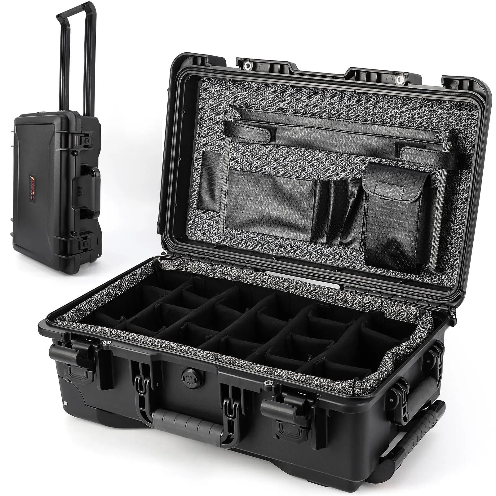 Reinforced Waterproof Camera Case - Shockproof, Dustproof Dry Box (22x14x9 in) with Padded Dividers, Wheels, Modular Compartments, Adjustable Accessories, Clip, Handle for Diving Protection