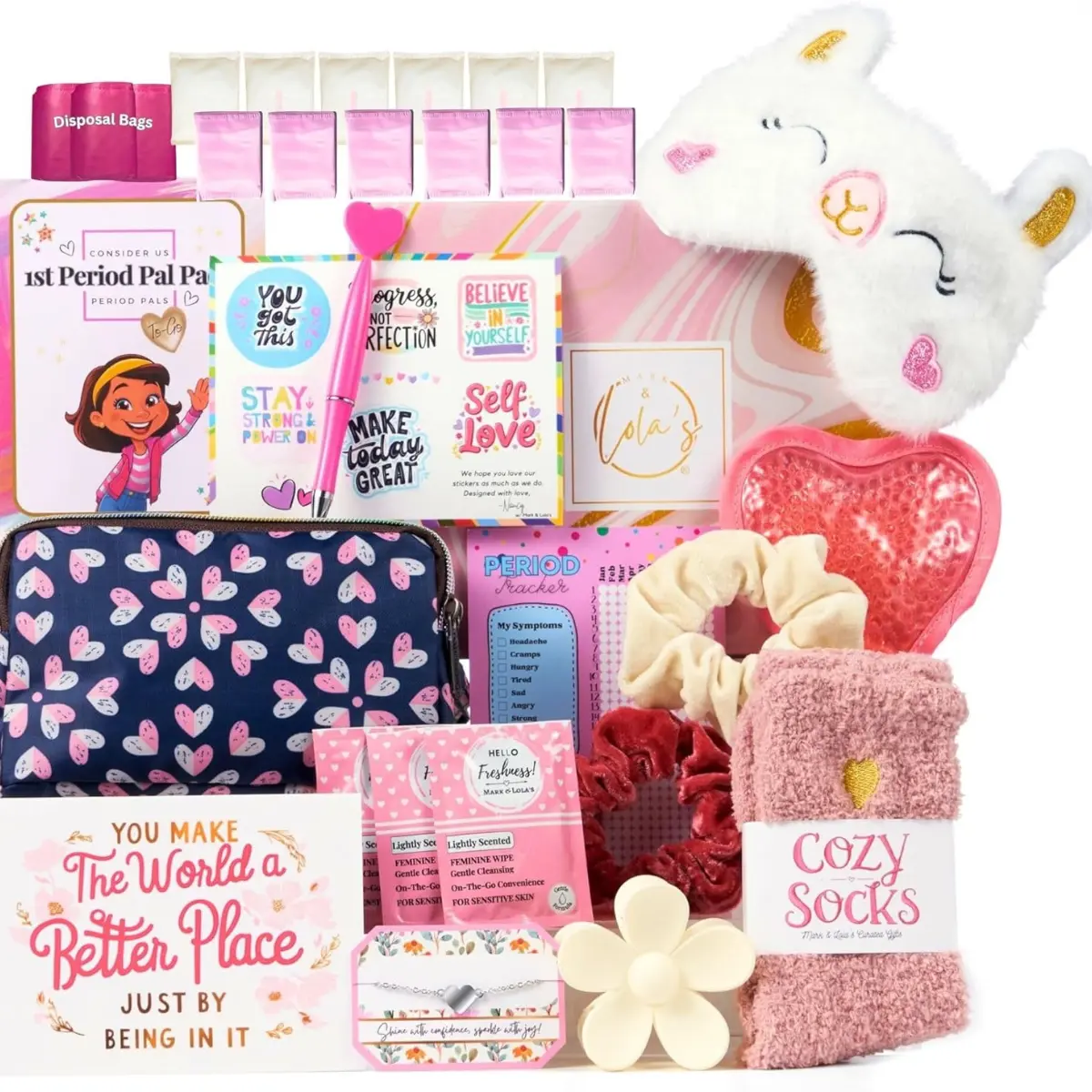 First Period Pal Pack Gift Box | First Period Kit for Tweens & Teens | Pads, Panty Liners, Confidence-Boosting Essentials, First Period Gift Box & Discreet Bag (Hearts)