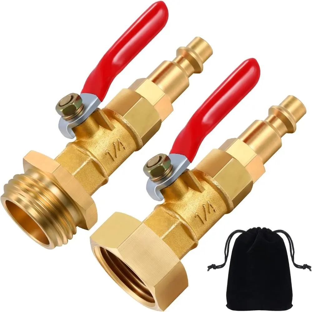 Brass Winterize Blowout Adapter with 1/4 in Male Quick Connect, 3/4 in Male/Female GHT Garden Hose Connector & Ball Valve for Boat, Travel Trailer, Camper Freeze-Proofing Method