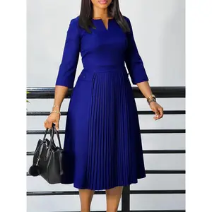 Women's Minimalist Solid Casual Comfortable Autumn Pleated Dress, V-Neck, 3/4 Sleeves, Plus Size, Basic Piece with Elegance for Versatile Wear