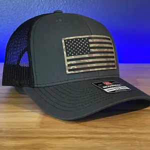 DUCK CAMO AMERICAN FLAG Patriotic Leather Patch Hat Charcoal/Black