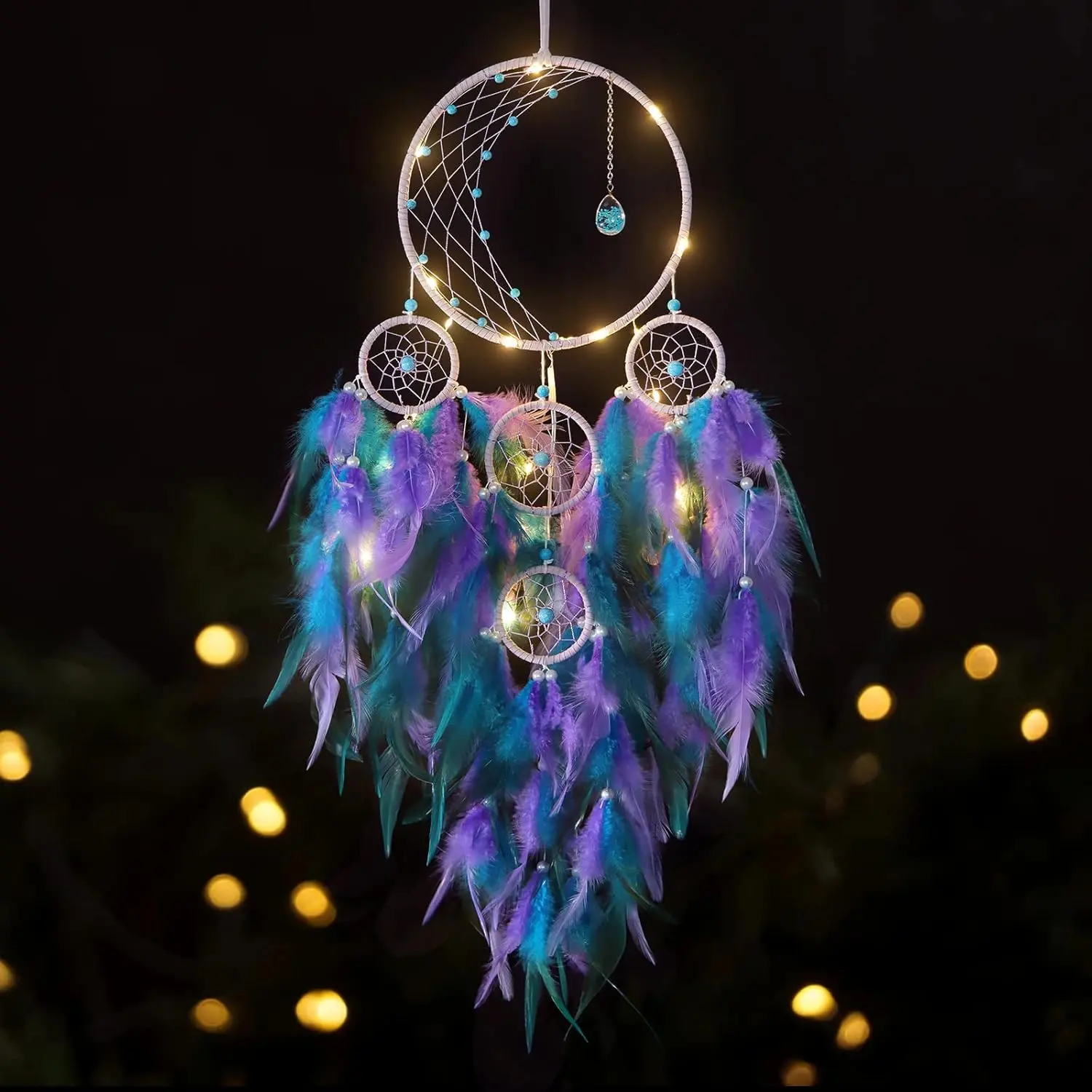 Handmade Metal Hangable LED Light-Up Half-Circle Moon Dream Catcher with Feathers, Purple&Blue Decoration for Bedroom Bohemian Home Decor, Craft Gift