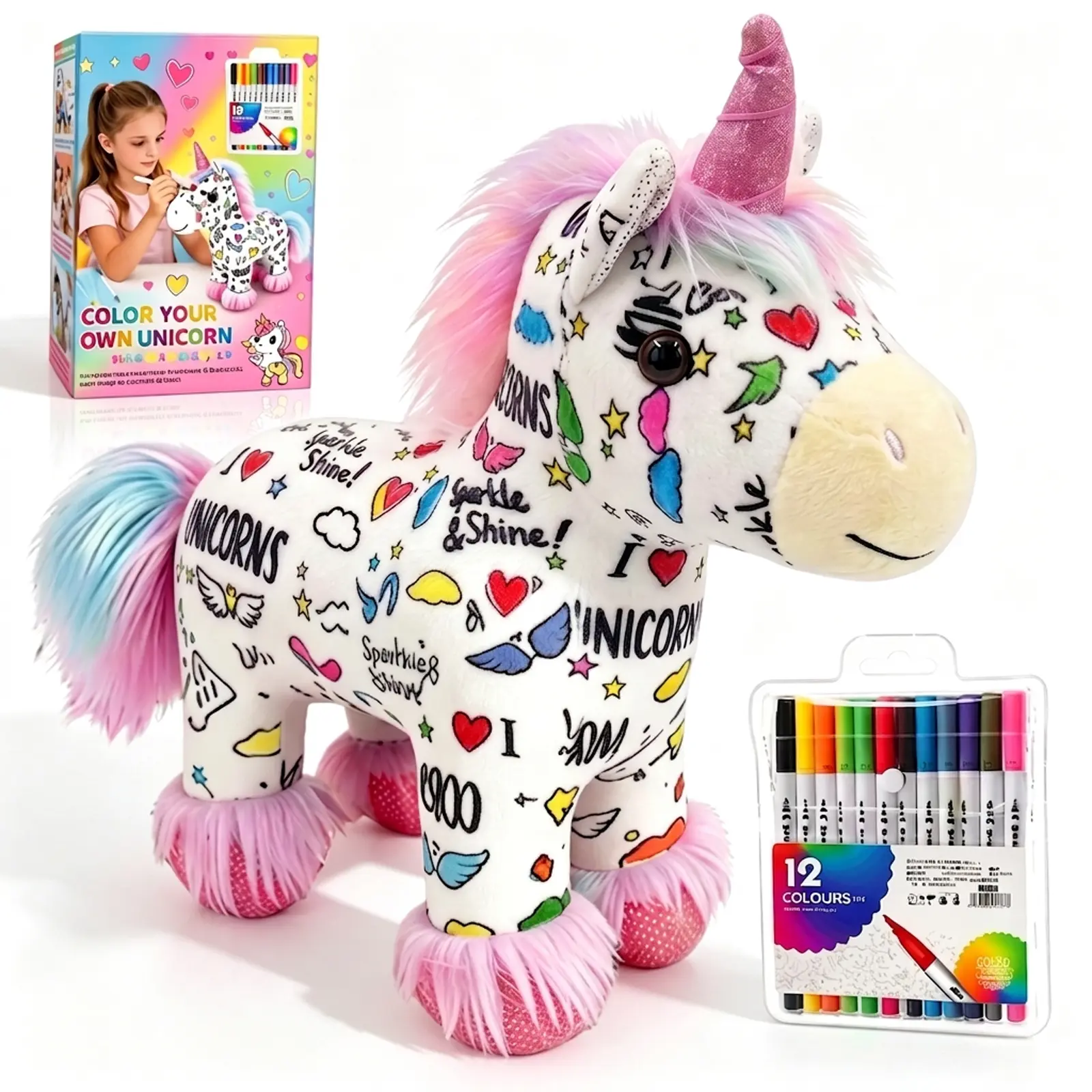 DIY Unicorn Painting Plush Art Crafting Kit - Repeatable Color & Wash Stuffed Toy, Colorful Handcraft Kit, Toddler Toys, Builds Fine Motor Skills Through Play, Screen-Free Indoor Recreation Activity Set, Colorful Painting Kit