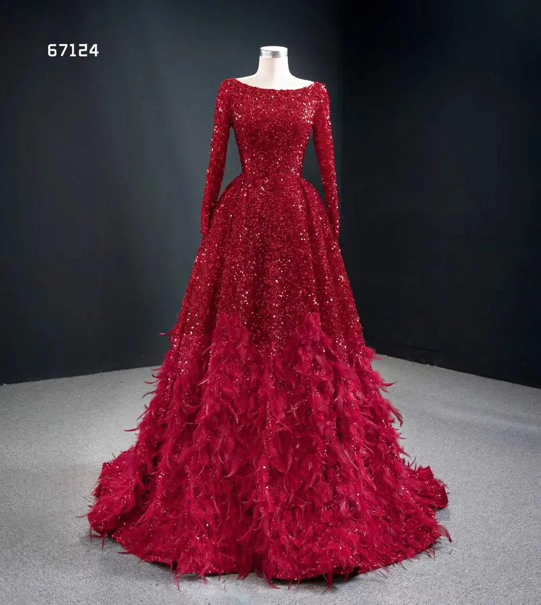 Red Long Sleeve Scoopneck Sparkling Evening Ball Gown