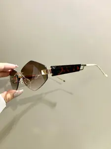 Punk Trendy Glasses Diamond Shaped, Frameless Fashionable Classics Decorative Glasses With Metal Frames Legs, Suitable for Men and Women