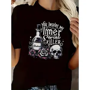 Women's Graphic T-Shirt "You Inspire My Inner Serial Killer" Poison Bottle & Skull Floral Print Casual Round Neck Tee for Party & Casual Attire Machine Washable Fashionable Graphic Print T Shirt Comfortable Fit Summer Crewneck Tshirt funny  tshirt