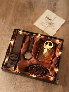 Elegant Men's Watch Set 8pcs with Perfume, Belt, Bracelet & Greeting Card, Men Gifts, Perfect Gift for Birthday, Thanksgiving, Teacher Appreciation Day