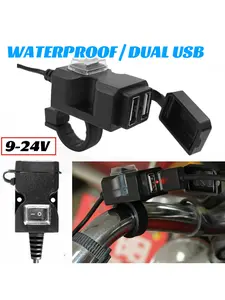 Motorcycle USB Abs Black, 9-24V Dual USB Port Motorcycle Waterproof Handlebar Adapter Phone Power Outlet, Stable Performance, Offering Convenience,Two compatible devices in the same time, Universal For Motorcycles/Electric Vehicles