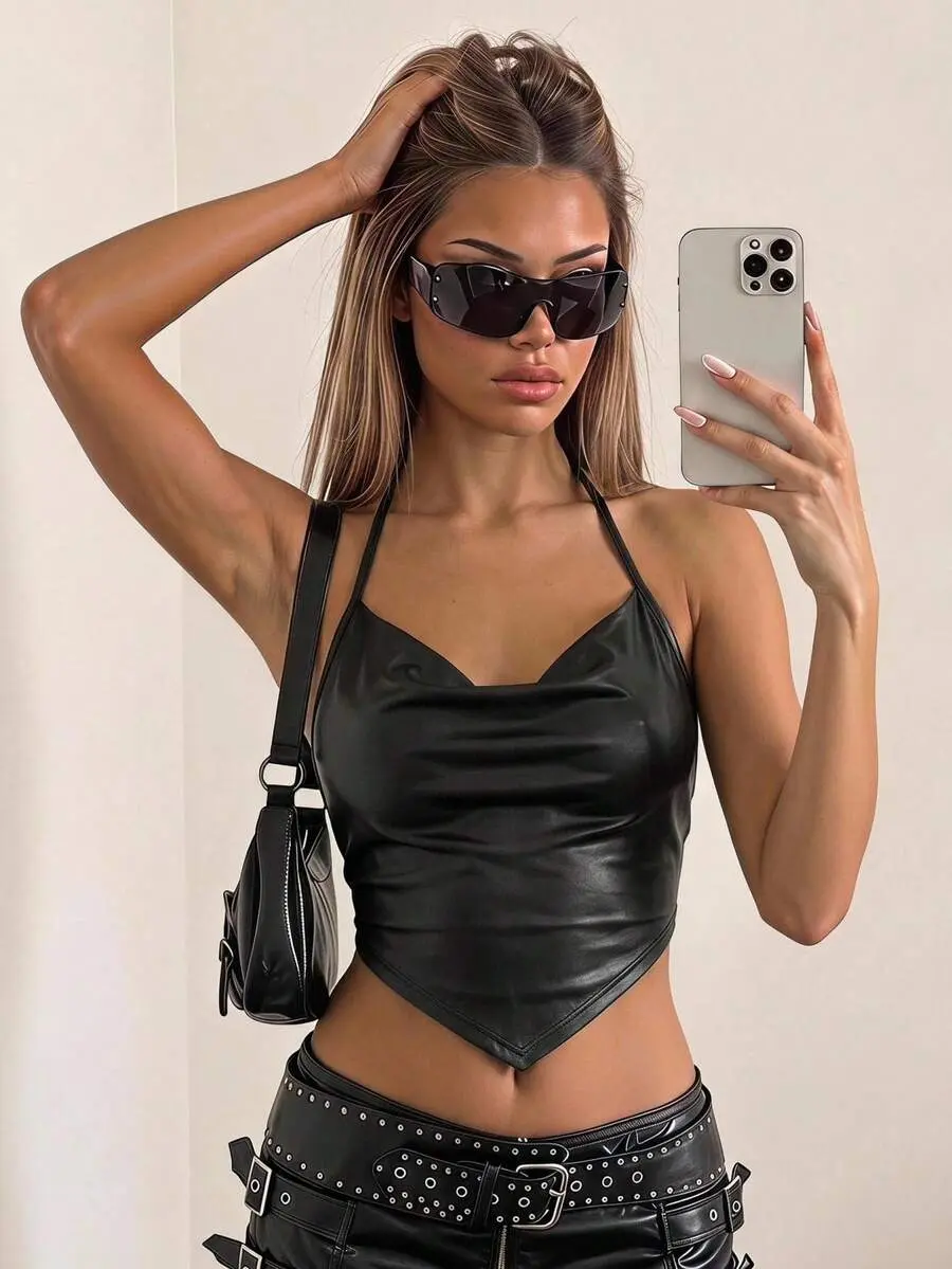 Draped Front Tie Backless Halter Top-Black Faux Leather