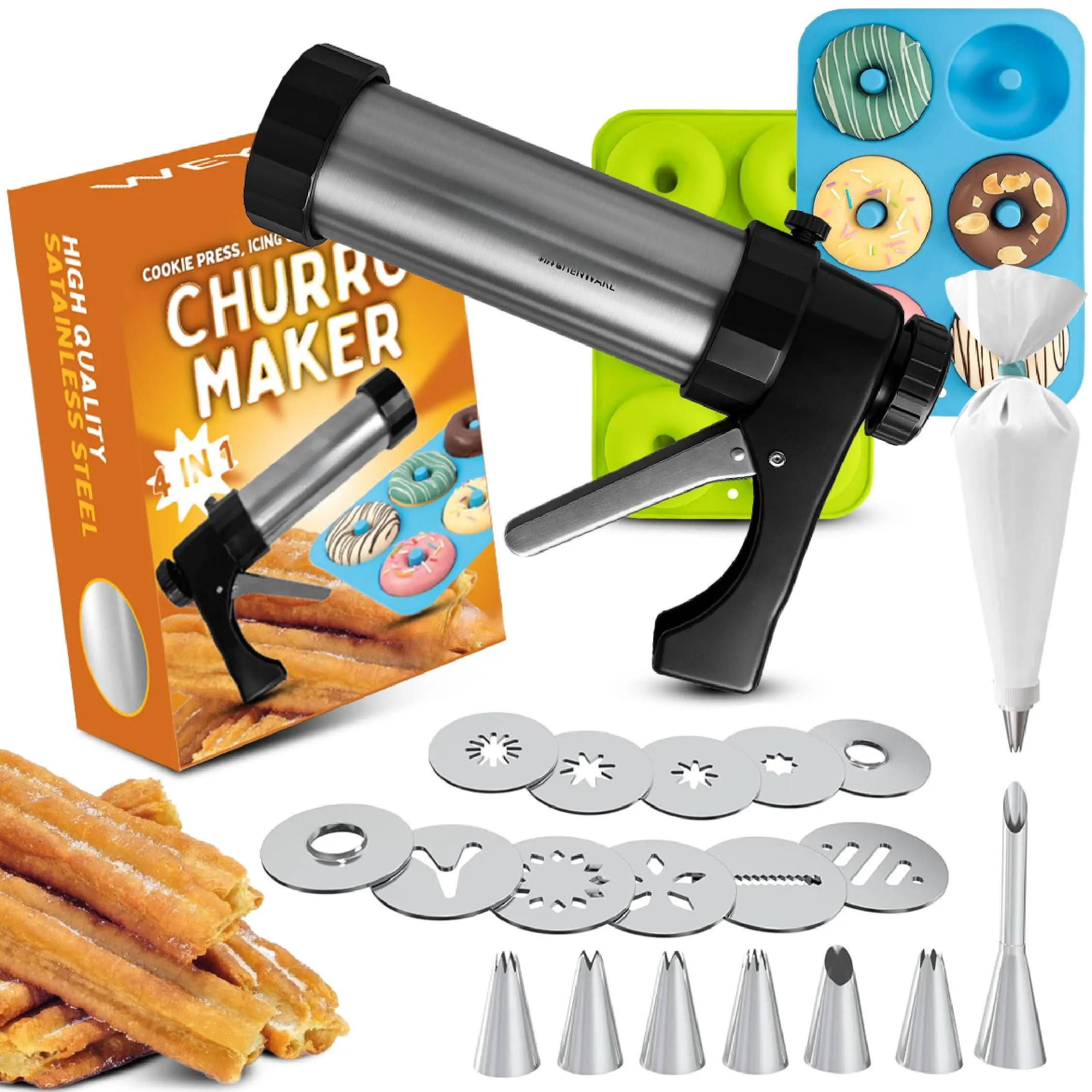 Churro Maker Machine & Cookie Press 4in1 Manual Churros With Nozzles  Jerky Piping Kit Make Cookies Donuts Baking Accessories Included (churreras Para Churros)