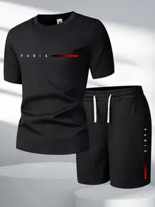 Men’s summer regular-fit cotton short-sleeve T-shirt and shorts set featuring a Paris letter print; fashionable casual wear for going out. Includes pockets and an elastic waistband with drawstring. Two-piece set suitable for running, golf, fishing, basket