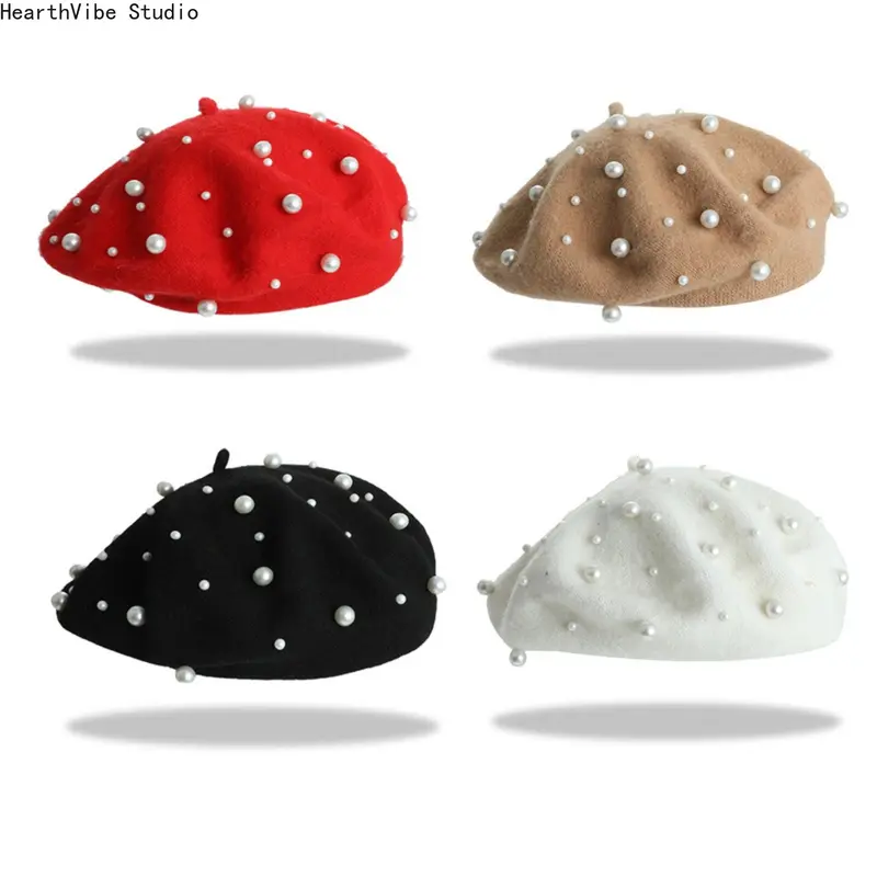 Women\'s Classic French Wool Beret Pearl & Rhinestone Embellishment Hat Red Pearl Rhinestone Winter Wool French Beret Hat Artist Beanie  main image 4