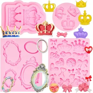Crown Bows  Molds  Photo Frame Crown Heart Picture Fondant Molds for Baking Cupcake Topper Candy Gum Paste Polymer Clay Set Of 4