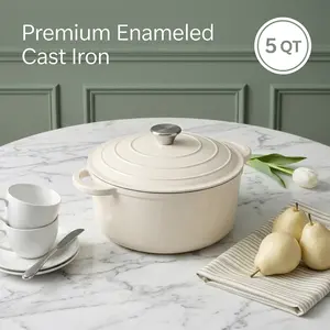 5 QT Premium Enameled Cast Iron Dutch Oven, Non-Stick Enamel Pot with Lid, Heavy-Duty Cookware for Braising, Roasting, Baking & Stewing, Oven Safe Up to 500°F, Compatible with All Stovetops, Cream White