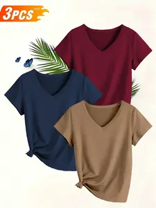 Women's 3-Pack Basic Casual Solid V-Neck Short Sleeve T-Shirts, Soft Comfortable Fabric, Medium Stretch, Spring/summer Wear, Top