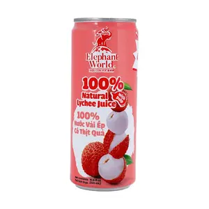 ELEPHANT WORLD 100% Natural Lychee Juice Drink, 320ml Can - Zero Fat, Zero Added Sugar, Authentic Thai & Vietnamese Flavor, Refreshing Fruit Beverage