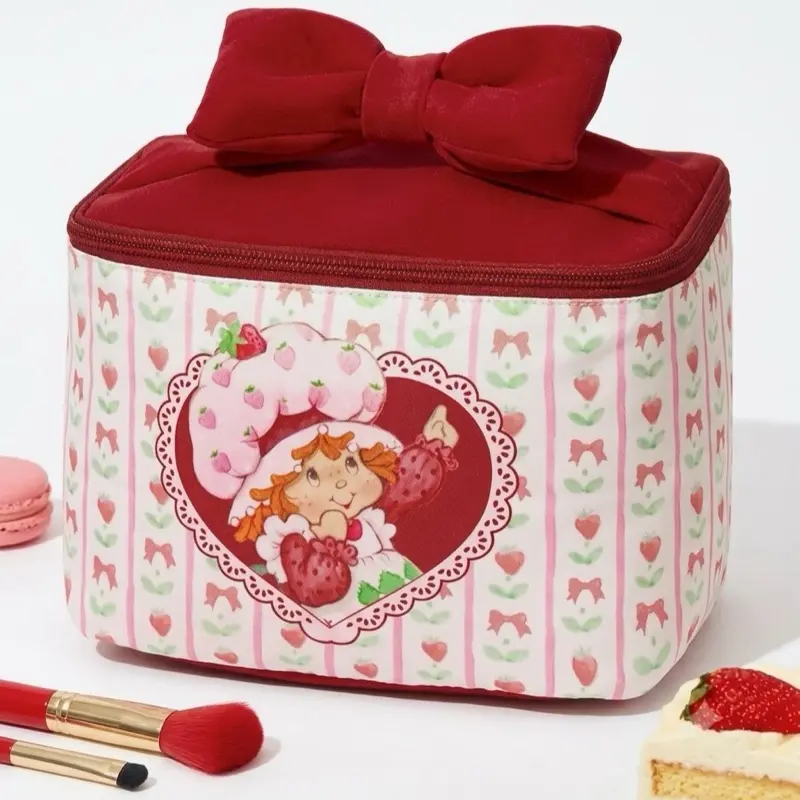 Strawberry Shortcake Cosmetic Bag Cute Vanity Storage Box with Bow Detail for Makeup Accessories & Small Treasures
