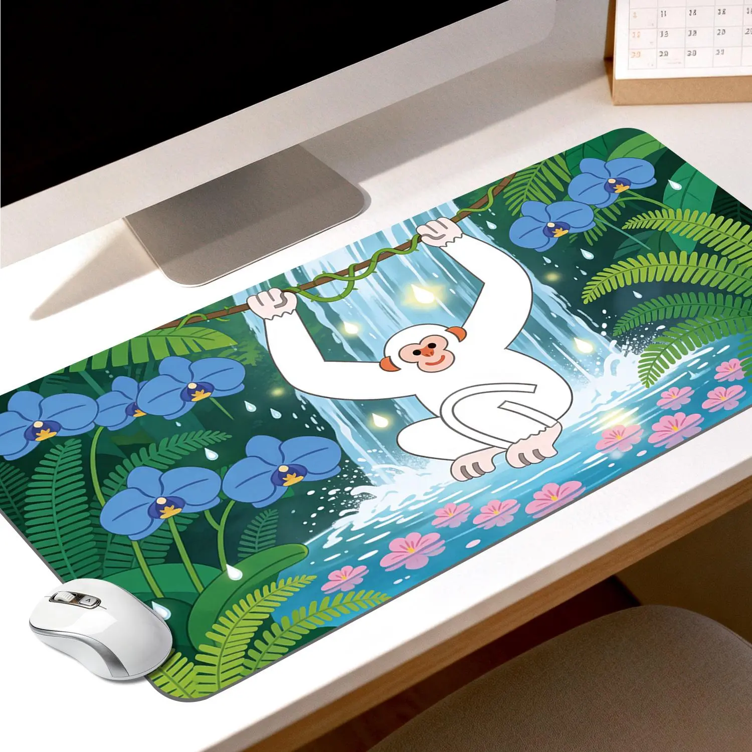 Sublimation Custom Graphic Mouse Pad, Rectangular 40x80cm Mat with Premium White Monkey, Waterfall & Blue Orchid Print, Non-Slip Rubber Base, Stitched Edges, Durable for Office Work & Gaming Control, Custom Graphic Mouse Pads