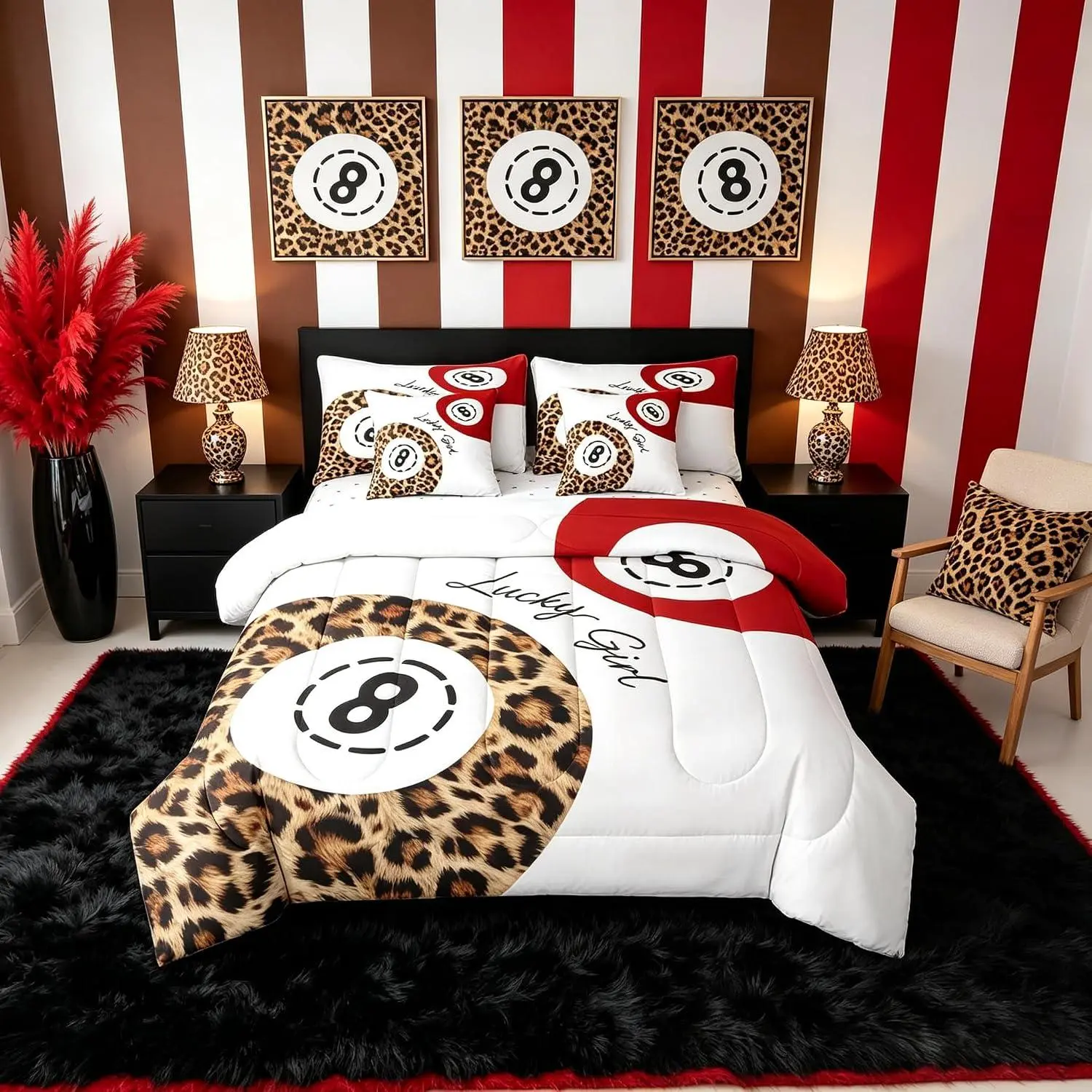 Lucky 8 Ball Comforter Set with Sheets 7 Piece Cheetah Print Leopard Print Bed in a Bag Brown Red Bedding Set Bedroom Decor Breathable Soft Lightweight Microfiber