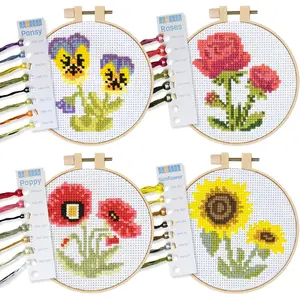 Stamped Cross Stitch Kits for Beginners Flower Theme 6.75 Inch 4 Pack with 1 Embroidery Hoop Embroidery Needlepoint Patterns for Adults Includes Poppy Rose Sunflower and Pansy