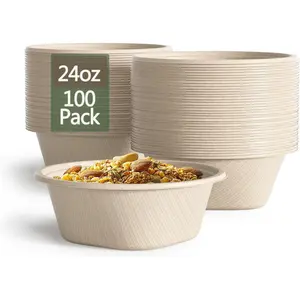 24 Oz Disposable Bowls, [100 Pack] Paper Bowls Disposable - Heavy Duty and Eco-friendly Sugarcane and Bamboo Bagasse Biodegradable Bowls for Cereal, Rice, French Fries - Convenient and Compostable