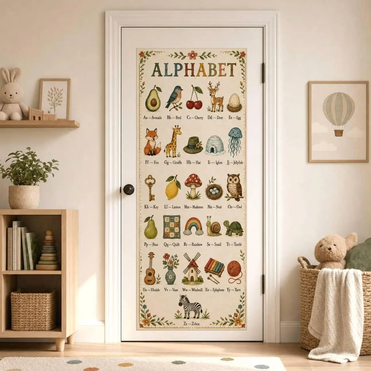 Alphabet Door Linen Tapestry, Nursery ABC Wall Hanging, Vintage Animal Letter Chart Decor