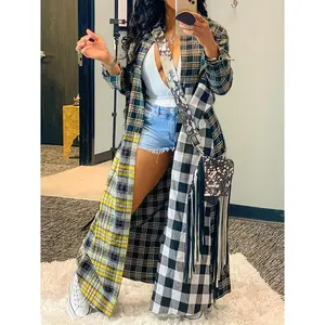 Women'S Casual Plaid Trench Coat, 100% Polyester, Multicolor Patchwork, Button Detail, Fashion Outerwear