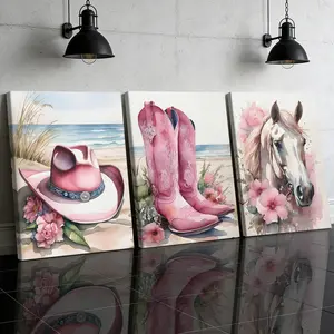 3-Piece Wooden Frame Canvas, Western Cowboy Style Trio Decorative Posters, Modern Home Decoration, Waterproof Art for Living Room and Hallway