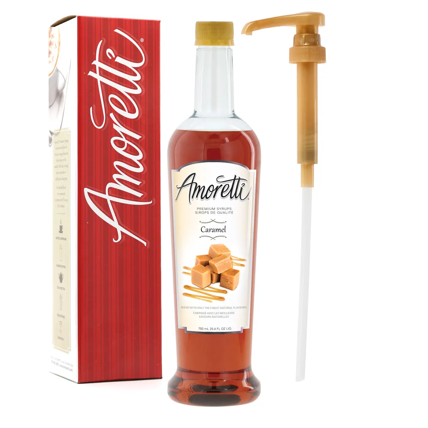 Premium Caramel Syrup - 94 Servings Per Bottle (750 ml), Perfect for Flavoring Coffees, Cocktails, and other Beverages, Gluten Free, GMO/GEO Free, Preservative Free, Pump Included
