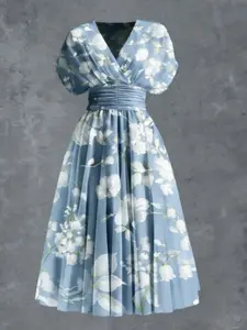 Vintage Floral Print V Neck Bubble Sleeve Waist Cinched Maxi Dress, Women's Elegant Vacation Style Long Dress for Spring Summer