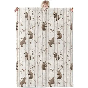 Nordic Forest Bear Blanket 50×60 Inch,Minimalist Beige Woodland Style Lightweight Flannel Throw with Cute Cartoon Bears and Trees, Home Boho Decor,Gifts for Kids