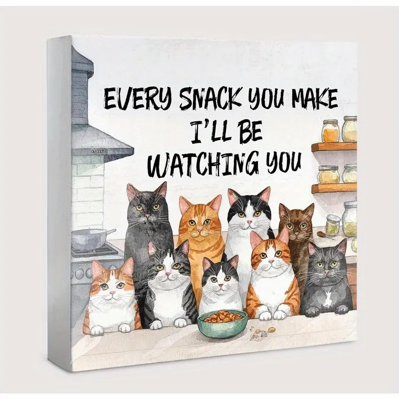 Vintage Funny Cat Kitchen Decorations Art Wall Decor Wood Box Sign, Retro Kitchen Decor Wood Signs Home Decor, Cat Lover Gifts for Women, 5x5 inch