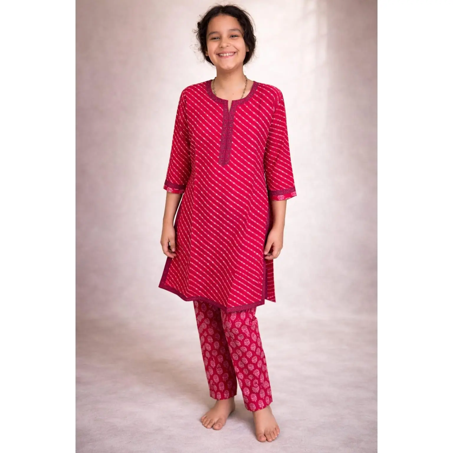 Girls' Traditional Cotton Kurti Set w/ Matching Pants