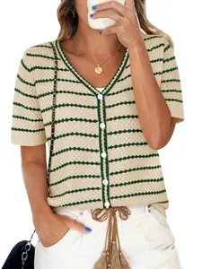 COCCKO 2026 New Arrival Crochet Tops for Women V Neck Short Sleeve Striped Sweater Summer Button Shirts Knit Casual Blouses
