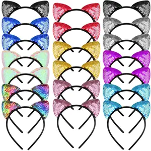 20 PCS Glitter Cat Ear Headbands - Cute Cartoon Style Sequin Hair Accessories for Parties, Weddings,and Daily Wear,Cute Hair Accessories,Wedding Hair Decor,Sparkling Embellishments
