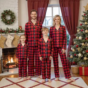 FOCUSNORM Christmas Family Matching Pajamas Set Casual Long Sleeve Plaid Print Button Down Shirt And Elastic Waist Loose Pants Set Festival Party Pj Set Sleepwear 2Piece Xmas Oufit