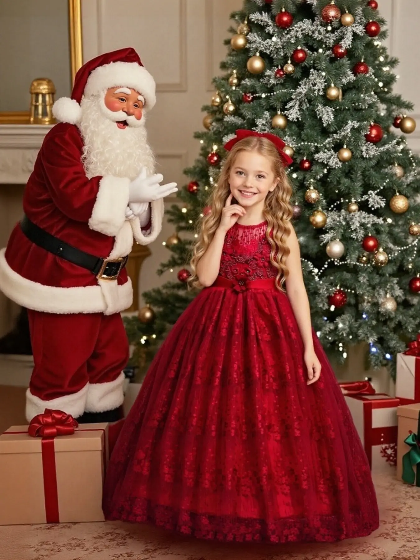 Girls Christmas Dress, Floral Princess Mesh Gown, Tight-Fitting Woven Fabric, Perfect for Birthdays, Weddings, Holidays, Special Occasions