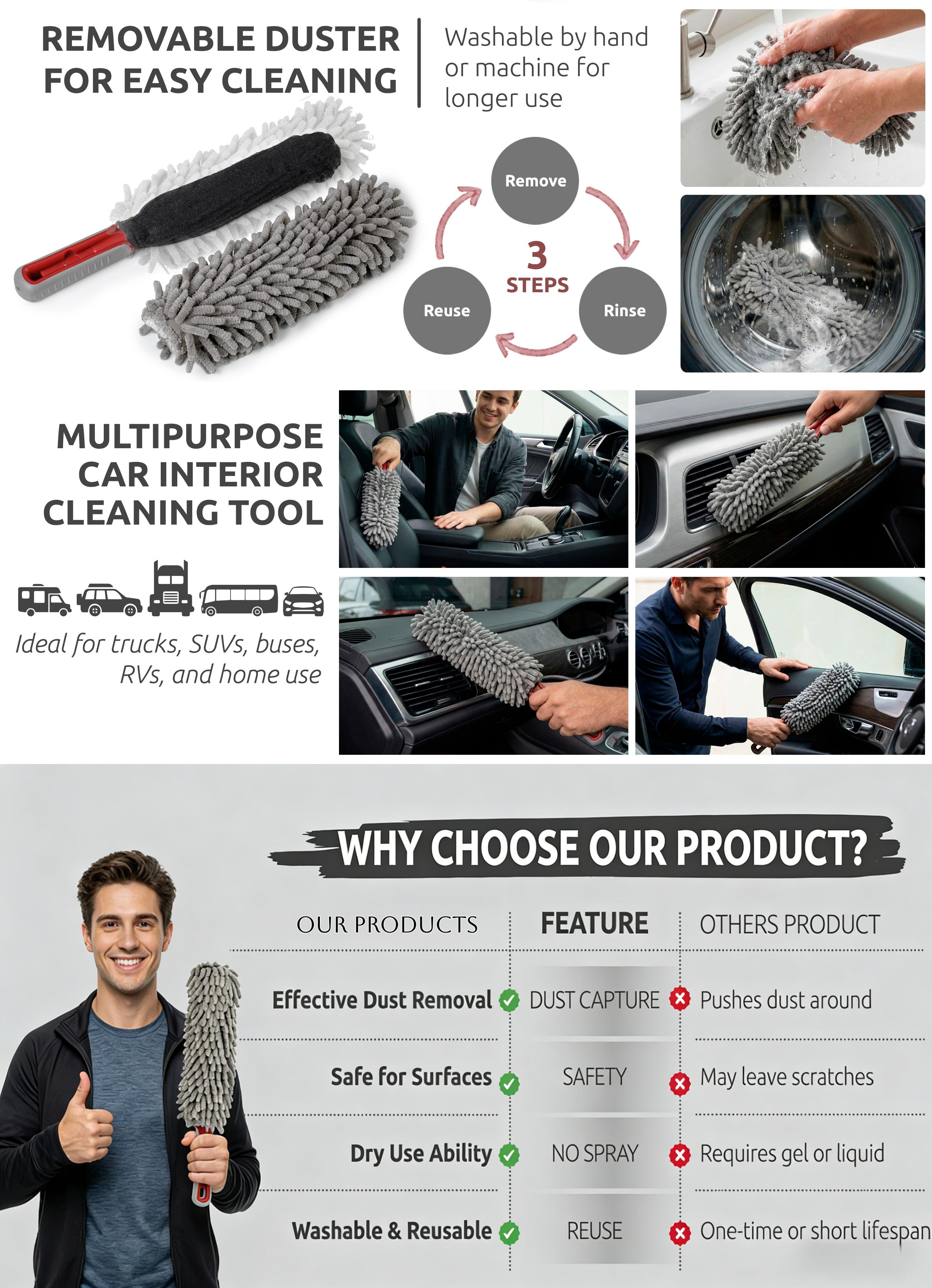 360° Microfiber Car Duster Interior with Handle & Microfiber Towel Gray