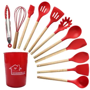 Silicone Kitchen Tool Set, 12 Pieces, Spoons, Spatulas, Tongs (Red)