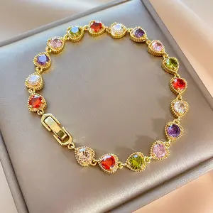 Colorful Zircon Heart Bracelet, Inlaid Trendy Fashion Jewelry Micro Inlaid Retro Bracelet for Women Women's Accessories