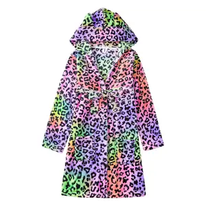 Topgal Rainbow Black Leopard Robe for Girls Fleece Toddler Kids Teen Spa Hooded Bathrobe Size 4T-18