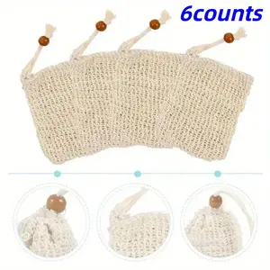 Set of 6 Soap Bags, New Flax Linen Bubble Mesh Handmade Soap Saver Pouches, Drawstring, Hanging Bathroom Organizer for Home Use