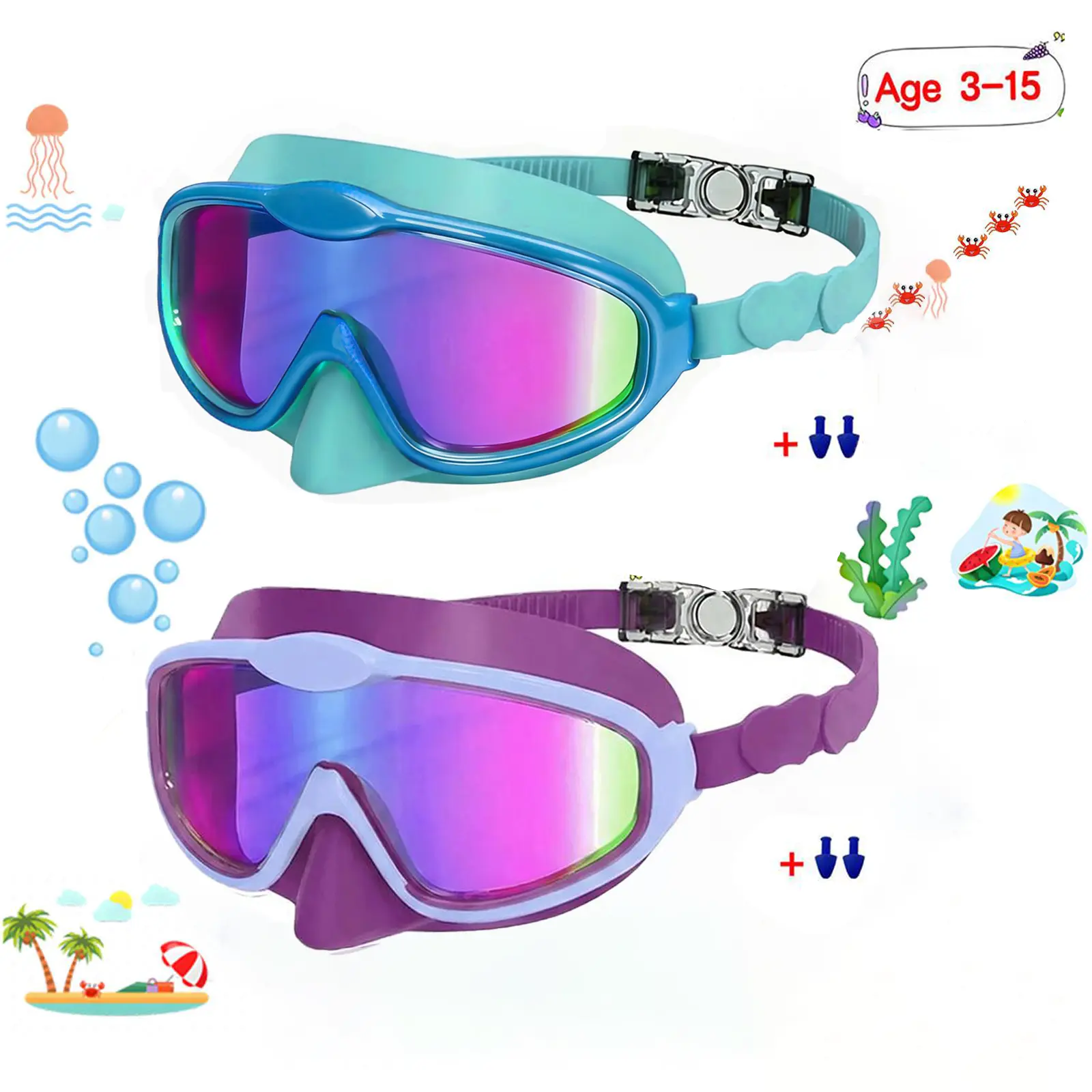 Kids Swimming Goggles 2 Pack Anti-fog Anti-UV Wide View Kids Swimming Goggles 3-15 years old