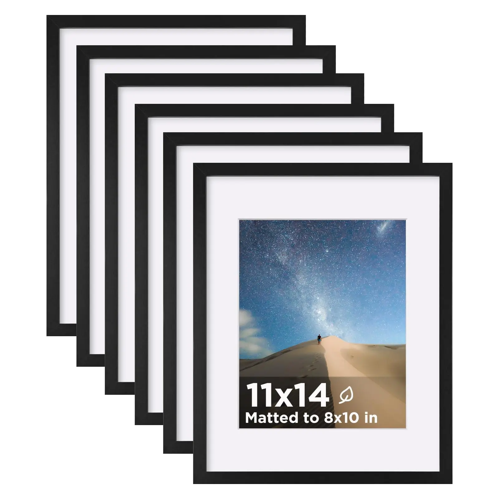 11x14 Picture Frame Black Set Of 6  Wooden Photo Frames Matted 8x10 With Plexiglass For Mat Or Without Table And Wall Display