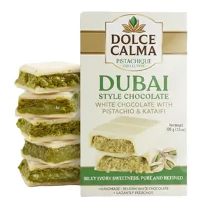 Dolce Calma Dubai Chocolate Bar White (100g / 3.5oz) – Viral Authentic Handmade Belgian Chocolate with Turkish Pistachio & Crispy Kataifi, Premium Quality Luxury Cream Kunafa Filling, No Palm Oil