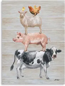 Yidepot Farmhouse Wall Decor Canvas Print Farm Animals Cow Pig Sheep and Rooster Sit on Top of Each Other Inspirational Posters for Kitchen Framed Ready to Hang Room Christmas gift poster Decoration Photo game  poster titan poster Ornaments Artistic